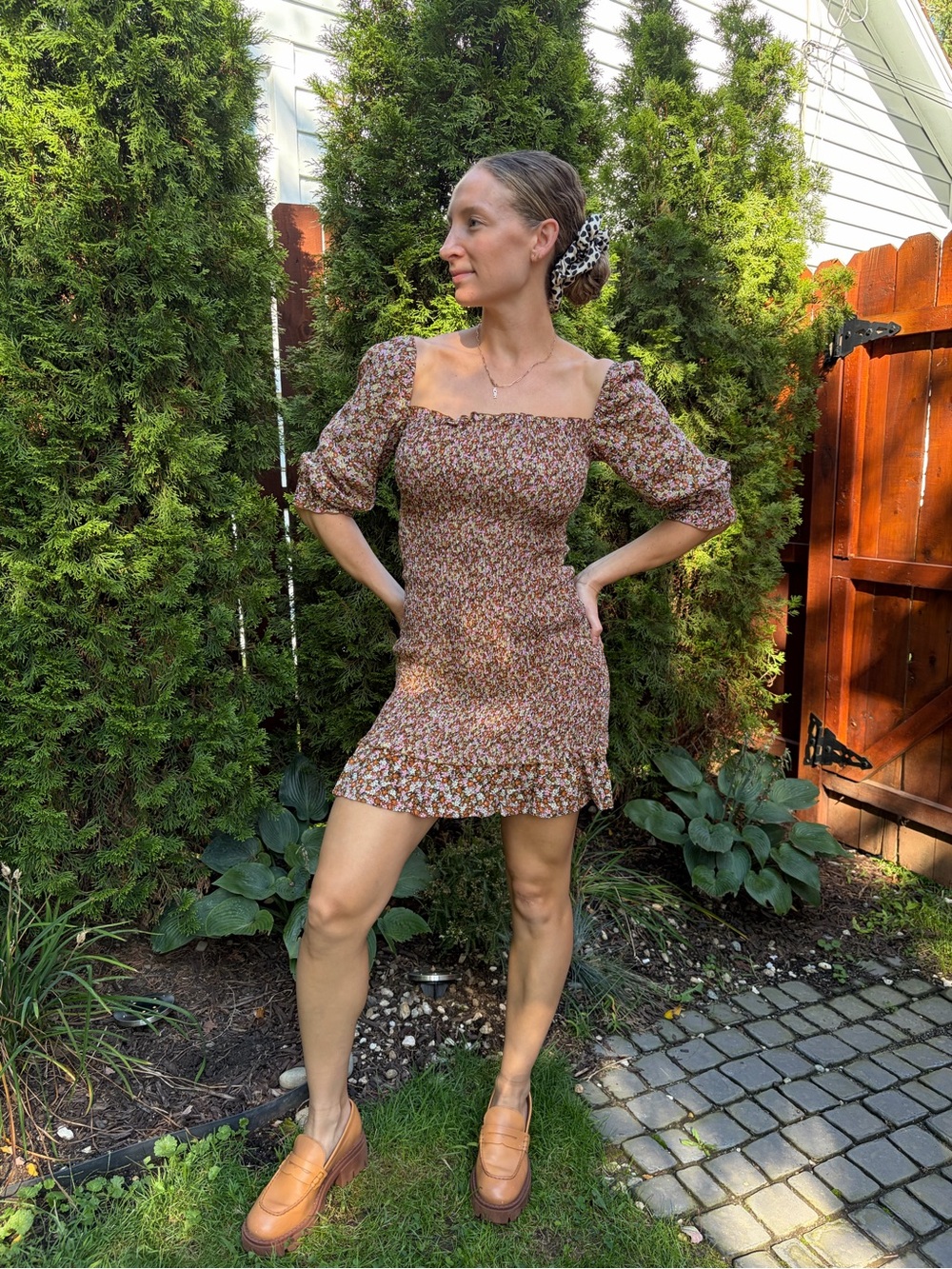 Faithfull the Brand Rust Brown Floral Smocked Square-Neck Mini Dress